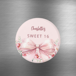 Bow blush pink flowers roses Sweet 16 Magnet