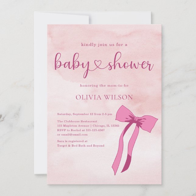 Bow Blush Pink Watercolor Ribbon Baby Shower Invitation (Front)