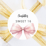 Bow blush pink white Sweet 16 Classic Round Sticker<br><div class="desc">A white coloured background. Decorated with a large pink bow.  Personalise and add a name. Black handwritten style script.</div>