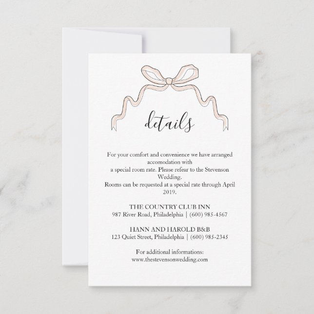 Bow blush Wedding Details card (Front)