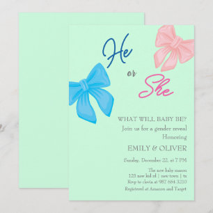 bow boy or girl gender reveal party invitation