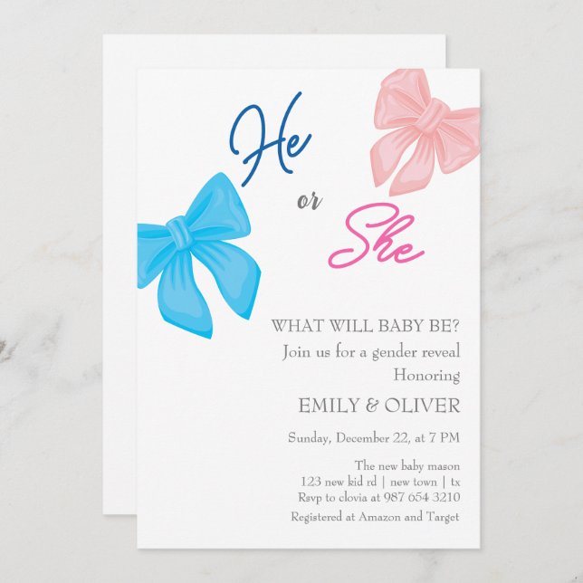 bow boy or girl gender reveal party invitation (Front/Back)