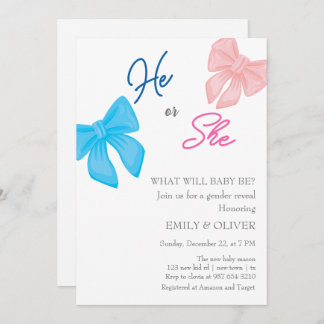 bow boy or girl gender reveal party invitation