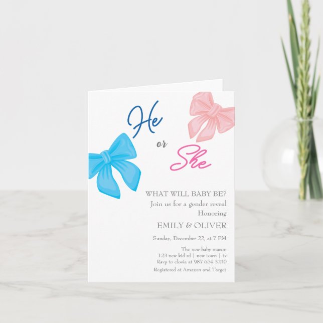 bow boy or girl gender reveal party invitation (Front)