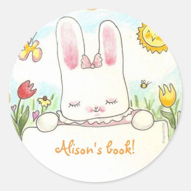 bow bunny bookplate classic round sticker (Front)