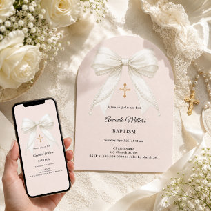 Bow champagne ivory pearls arch Baptism Invitation