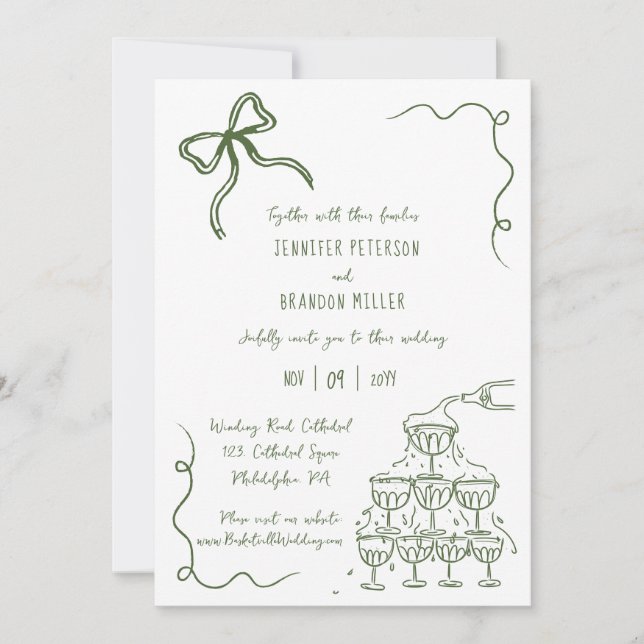 Bow champagne tower quirky wedding green invitation (Front)