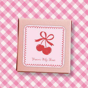 Bow Cherry Pink & Red Hand Drawn Baby Girl Shower Square Sticker