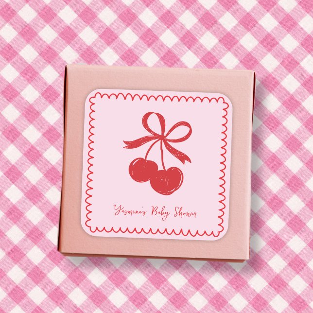 Bow Cherry Pink & Red Hand Drawn Baby Girl Shower Square Sticker (Bow Cherry Pink & Red Hand Drawn Baby Girl Shower Square Sticker)