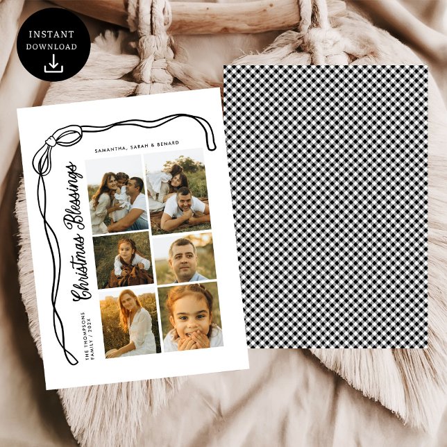 Bow Christmas Blessings Family 6 Photos Plaid Holiday Card (Creator Uploaded)