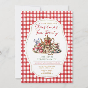 Bow Christmas Tea Party Floral Red Gingham Holiday Invitation