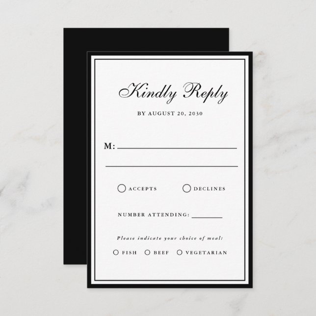 Bow Classic Old Money Black & White Wedding RSVP Card (Front/Back)