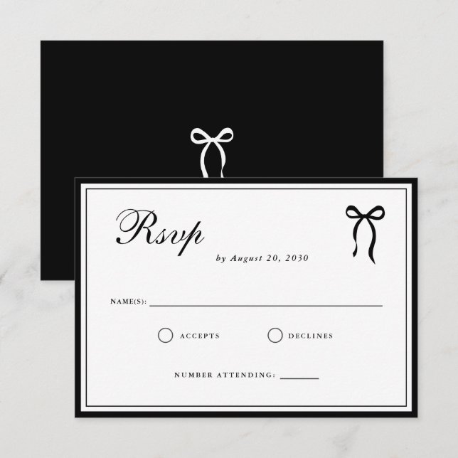 Bow Classic Old Money Black & White Wedding RSVP Card (Front/Back)