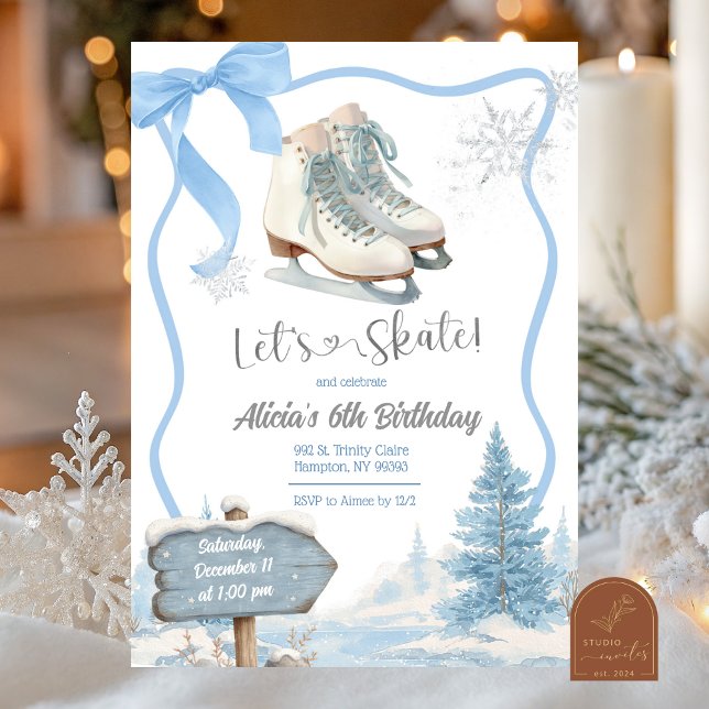 Bow Coquette Blue Girl Let's Skate Birthday Invitation (Creator Uploaded)