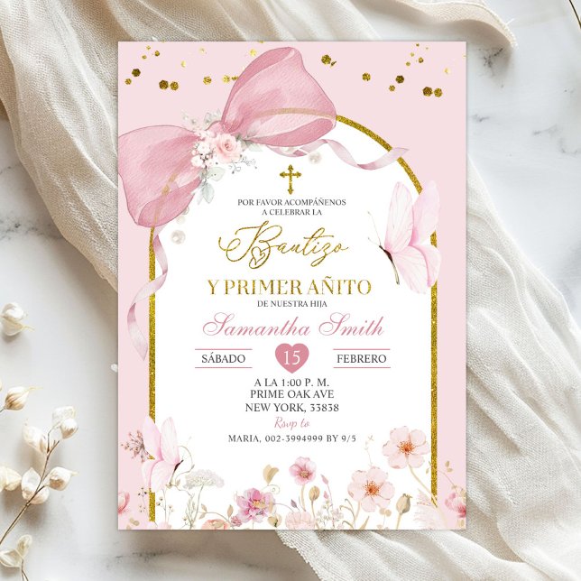 Bow Coquette Blush Pink Bautizo Y Primer Anito Invitation (Creator Uploaded)