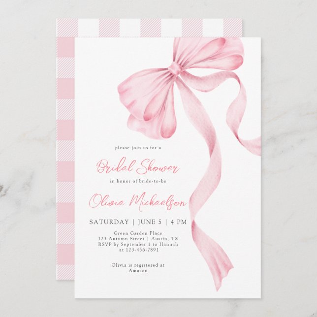 Bow Coquette Blush Plaid Pink Ribbon Bridal Shower Invitation (Front/Back)