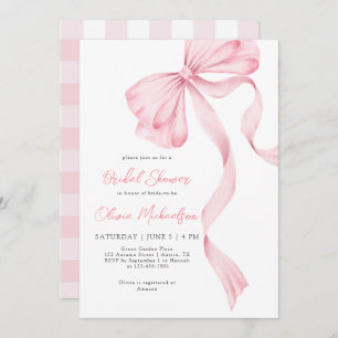 Bow Coquette Blush Plaid Pink Ribbon Bridal Shower Invitation
