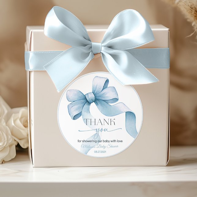 Bow Coquette Boy Baby Shower Classic Round Sticker (Blue bow Coquette boy baby shower personalized sticker)