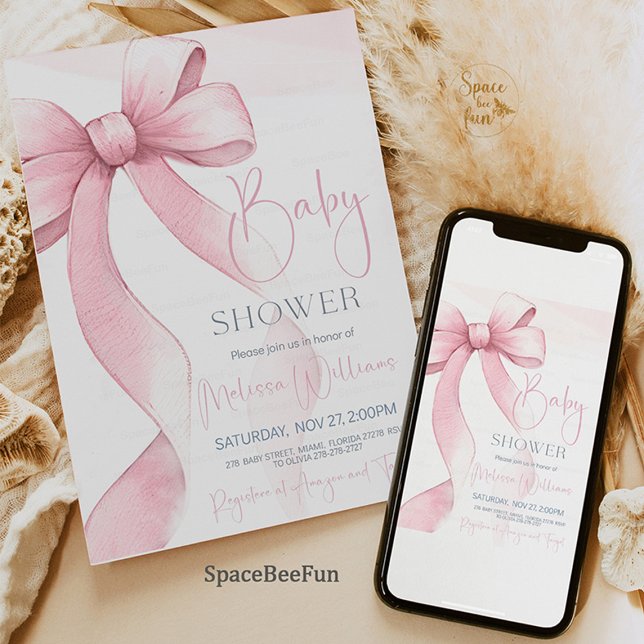Bow Coquette Girl Baby Shower  Invitation (Bow Coquette Girl Baby Shower Invitation, baby shower invitation, girl baby shower, elegant baby sho)