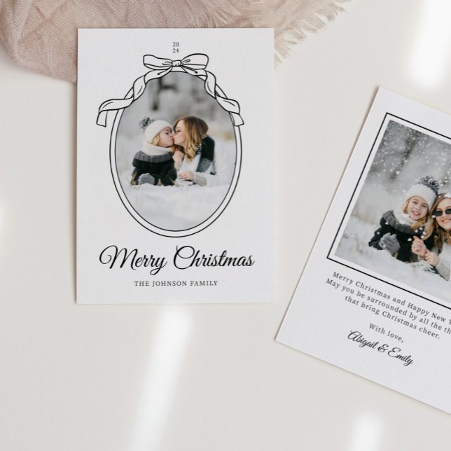 Bow Coquette Oval Photo Frame Christmas Holiday Card (Creator Uploaded)
