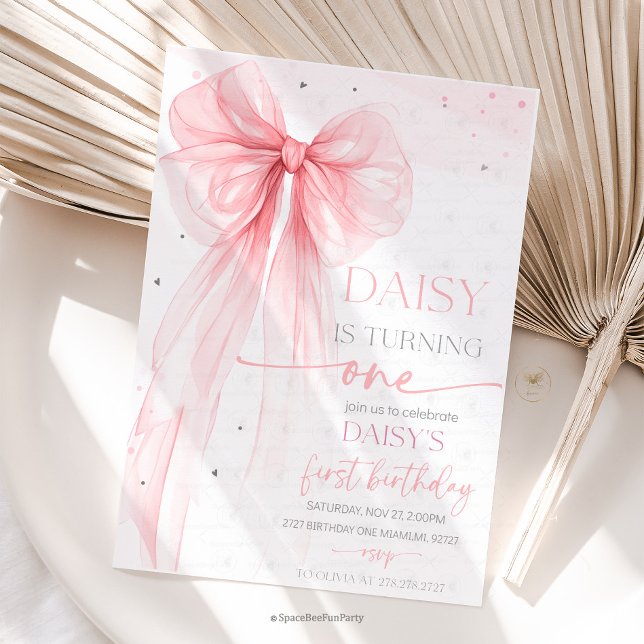 Bow Coquette Pink 1st Birthday  Invitation (Bow Coquette Birthday Invitation )