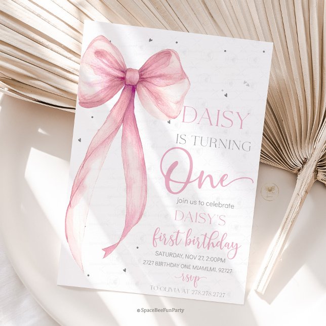 Bow Coquette Pink 1st Birthday  Invitation (Bow Coquette Birthday Invitation )