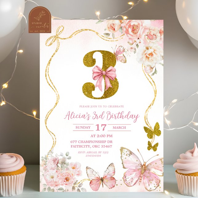 Bow Coquette Pink Butterfly Third Birthday Invitation (Creator Uploaded)