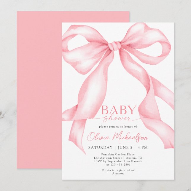Bow Coquette Pink Ribbon Elegant Girl Baby Shower Invitation (Front/Back)