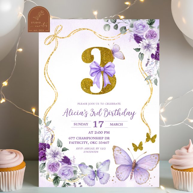 Bow Coquette Purple Butterfly Third Birthday Invitation (Creator Uploaded)