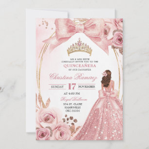 Bow Coquette Rose Gold Princess Quinceanera Invitation