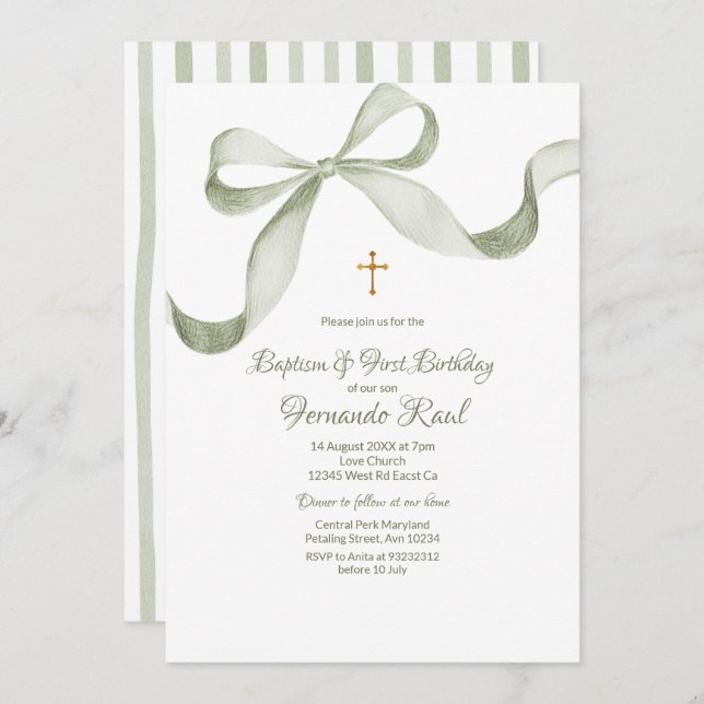 Bow Coquette Sage Green Baptism Elegant  Invitation (Front/Back)
