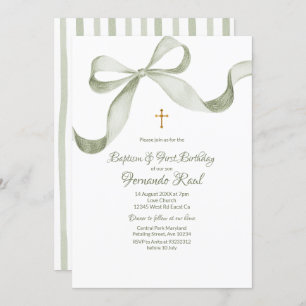 Bow Coquette Sage Green Baptism Elegant  Invitation