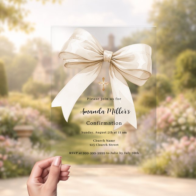 Bow cream beige girl clear Confirmation Acrylic Invitations (Creator Uploaded)