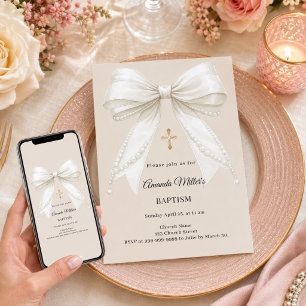 Bow Cream Beige Pearls Girl Elegant Baptism Invitation
