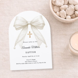 Bow Cream Pearls Girl Elegant Arch Baptism Invitation