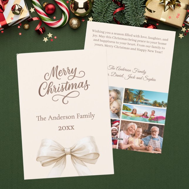 Bow cream photo year review mocha brown Christmas Holiday Card (Creator Uploaded)