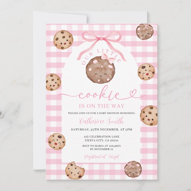Bow CuOur Little Cookie Baby Shower Pink Gingham Invitation (Front)