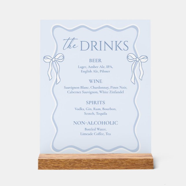 Bow Dusty Blue Wedding Drink Bar Acrylic Sign (Creator Uploaded)
