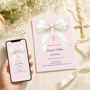 Bow dusty blush pink cream pearls Baptism Invitation