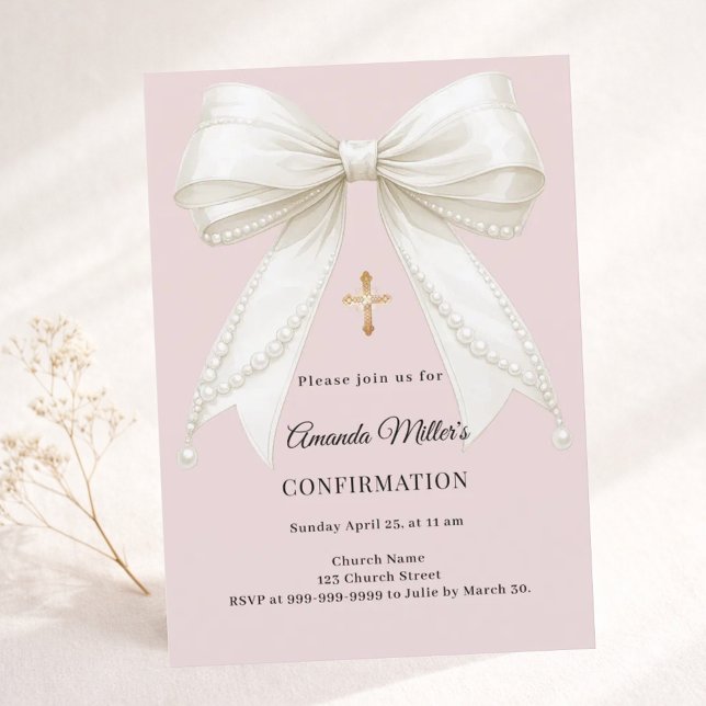 Bow dusty blush pink ivory pearls Confirmation Invitation (Creator Uploaded)