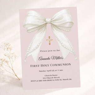 Bow dusty blush pink ivory pearls First Communion Invitation