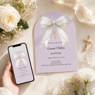 Bow dusty lavender ivory pearls arch Baptism Invitation