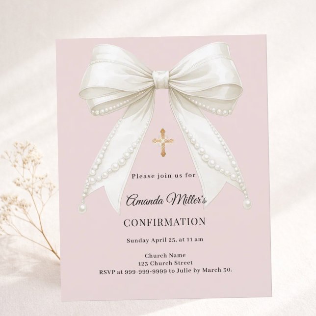 Bow dusty pink ivory pearl Confirmation invitation (Creator Uploaded)