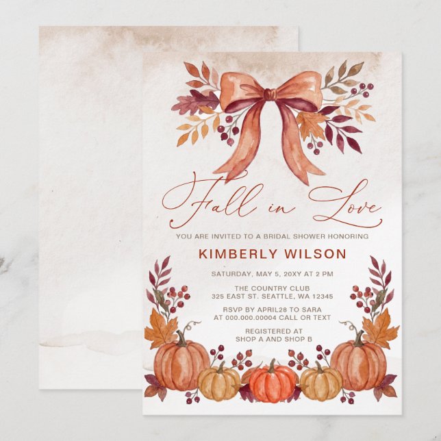 Bow Fall in Love Pumpkins Fall Bridal Shower Invitation (Front/Back)