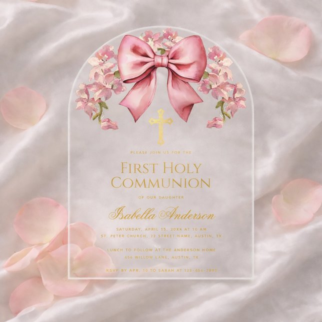 Bow First Communion Girl Pink Floral Elegant Acrylic Invitations (Creator Uploaded)