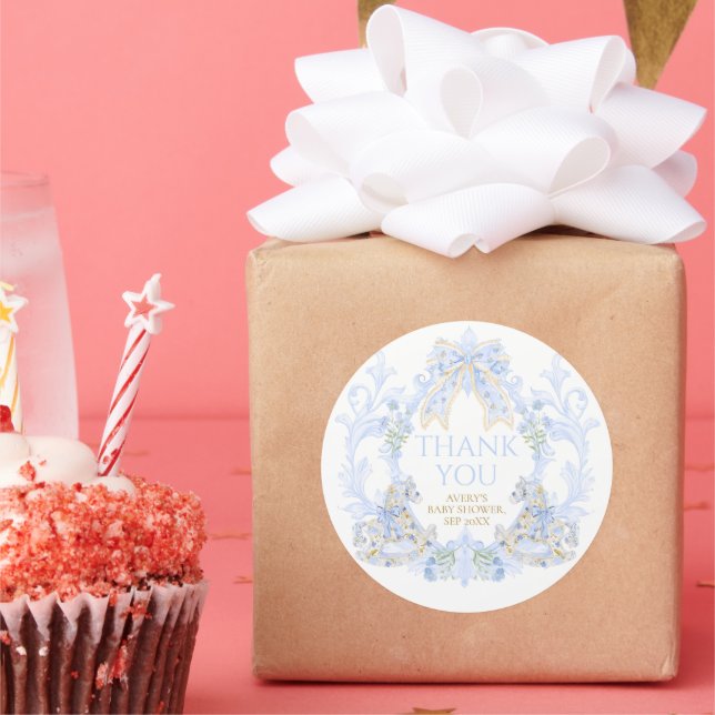 Bow Floral Crest Rustic Blue Boy Baby Shower Classic Round Sticker (Party)