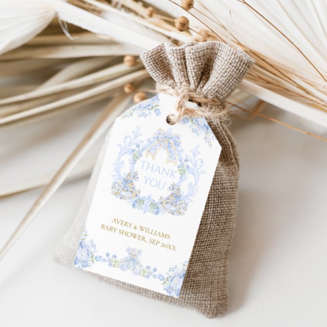 Bow Floral Crest Rustic Blue Boy Baby Shower Gift Tags (Creator Uploaded)