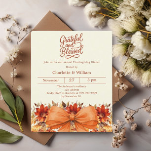 Bow floral orange Thanksgiving dinner invitation