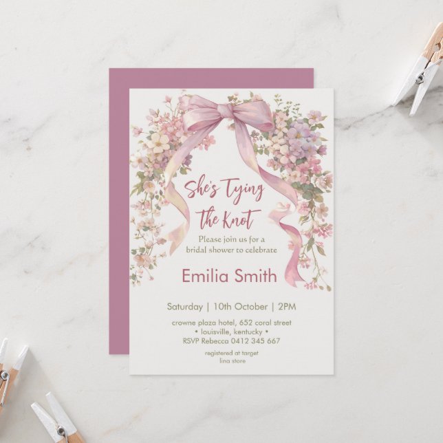  bow floral tying the knot bridal shower invitation (Front/Back In Situ)