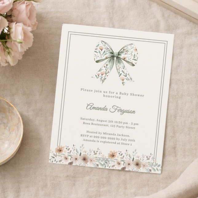 Bow florals green ivory Baby Shower invitation (Creator Uploaded)